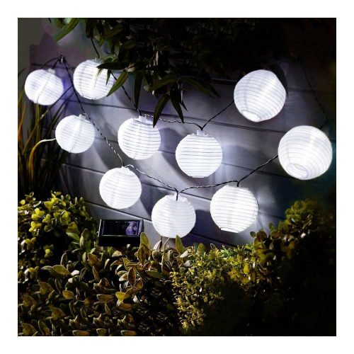 Szolár lampion fényfüzér - 10 db fehér lampion, hidegfehér LED - 3,7 m