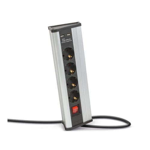 Sarokelosztó - kapcsolós - 4 x 250V, 16A - 2 x USB, 2,1A - alumínium ház